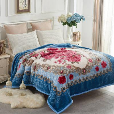 Heavy Korean Mink Fleece Blanket – 2 Ply Reversible 520GSM Silky Soft Plush Warm Blanket for Autumn Winter, Flower/Light Blue