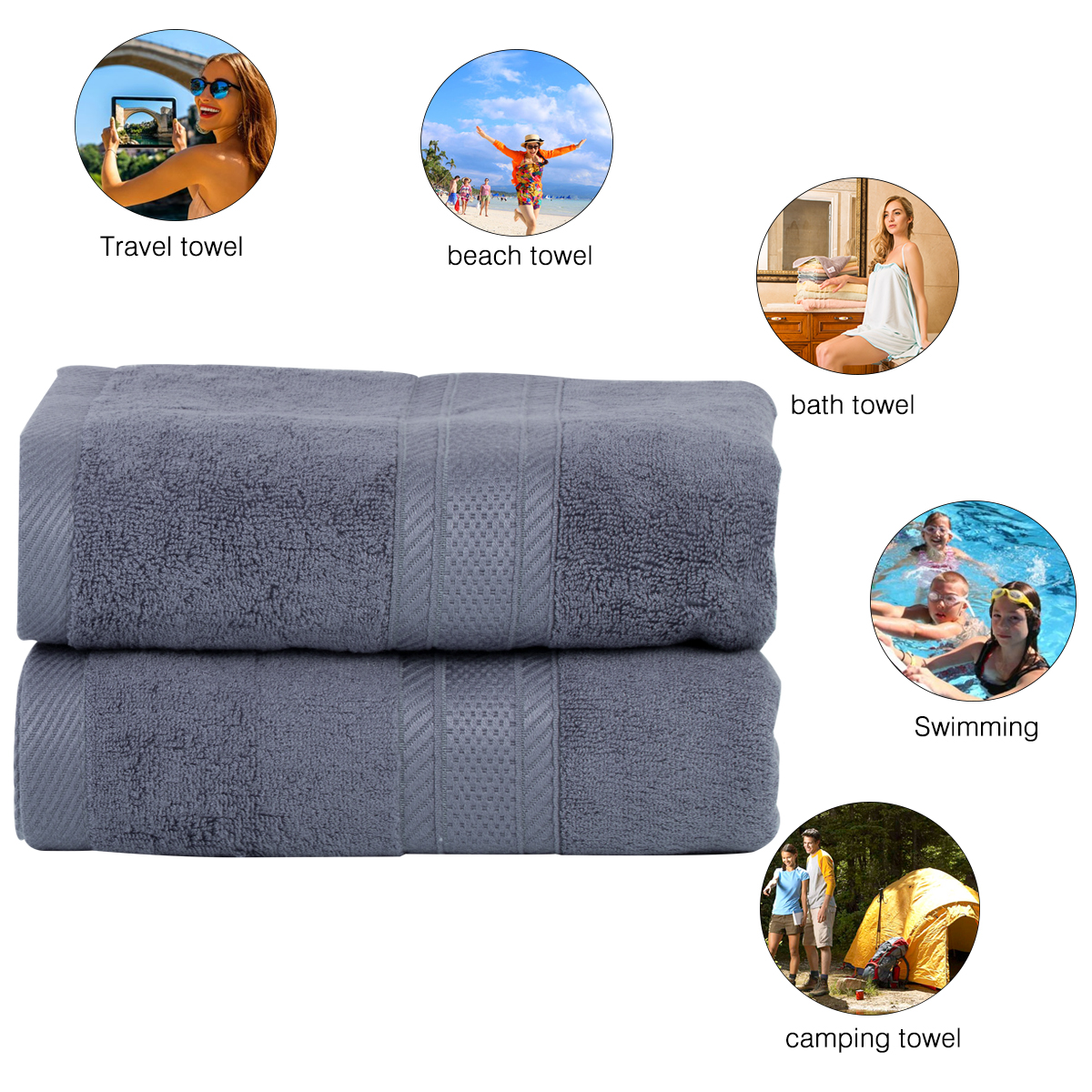 JML 2 Piece Bamboo Bath Towels(27x55) Antibacterial and Hypoallergenic,  Soft and Absorbent,Grey&Black 